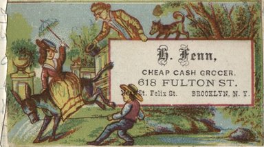 <em>"Trade card. H. Fenn. 618 Fulton St. Brooklyn."</em>. Printed material, 8 x 4.5cm. Brooklyn Museum, CHART_2012. (HF5841_B11_partC_page28_tradecard06_Fenn.jpg