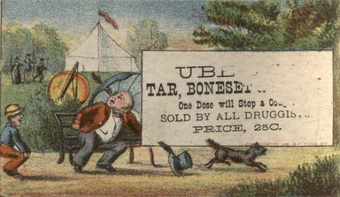 <em>"Trade card. Ubert's Tar, Boneset and Honey. Brooklyn."</em>, 1881. Printed material, 8 x 4.5cm. Brooklyn Museum, CHART_2012. (Photo: M.F. Tobin, HF5841_B11_partC_page28_tradecard07_Uberts.jpg