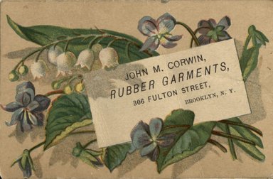 <em>"Trade card. John M. Corwin. 306 Fulton Street. Brooklyn."</em>. Printed material, 10.25 x 6.5cm. Brooklyn Museum, CHART_2012. (HF5841_B11_partC_page37_tradecard01_Corwin.jpg