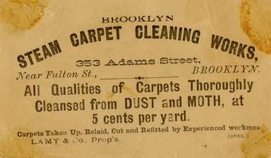 <em>"Trade card. Lamy & Co. 353 Adams Street. Brooklyn.Verso."</em>. Printed material, 11.43 x 6.99cm. Brooklyn Museum, CHART_2012. (HF5841_B11_partD_tradecard01_X2006.16.1_verso.jpg