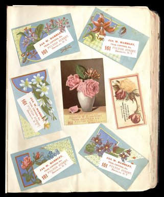 <em>"Full view of scrapbook page. Includes 6 tradecards for Brooklyn business: James W. Hamblet."</em>. Printed material, 10 x 12.25 in (25.4 x 31.1 cm). Brooklyn Museum, CHART_2012. (HF5841_C59_v1_p13.jpg