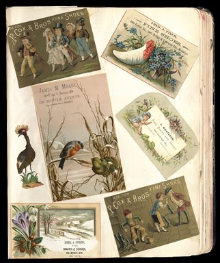 <em>"Full view of scrapbook page. Includes 4 tradecards for Brooklyn businesses: Fred J. Finch, James M. Meade Fine Shoes, C. .Reisterer, Rozell and Andrews."</em>. Printed material, 10 x 12.25 in (25.4 x 31.1 cm). Brooklyn Museum, CHART_2012. (HF5841_C59_v1_p36.jpg