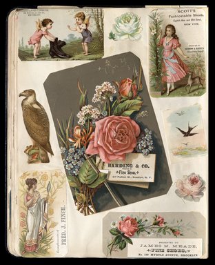 <em>"Full view of scrapbook page. Includes 3 tradecards of Brooklyn businesses: Harding & Co., Fred J. Finch, James M. Meade."</em>. Printed material, 10 x 12.25 in (25.4 x 31.1 cm). Brooklyn Museum, CHART_2012. (HF5841_C59_v1_p37.jpg