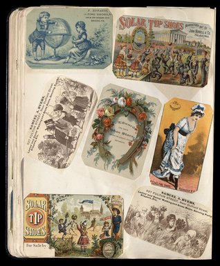 <em>"Full view of scrapbook page. Includes 4 tradecards for Brooklyn businesses: Samuel A. Byers, F. Edwards Fine Shoes."</em>. Printed material, 10 x 12.25 in (25.4 x 31.1 cm). Brooklyn Museum, CHART_2012. (HF5841_C59_v1_p40.jpg