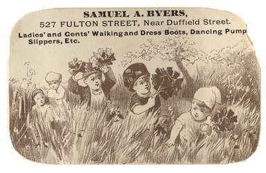 <em>"Tradecard. Samuel A. Byers. 527 Fulton Street. Brooklyn, NY. Recto."</em>. Printed material, 4.5 x 3 in (11.4 x 7.7 cm). Brooklyn Museum, CHART_2012. (HF5841_C59_v1_p40_tradecard04_recto.jpg