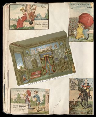 <em>"Full view of scrapbook page. Includes 4 tradecards from Brooklyn businesses: Misfit Parlors, Lang & Nau."</em>. Printed material, 10 x 12.25 in (25.4 x 31.1 cm). Brooklyn Museum, CHART_2012. (HF5841_C59_v1_p42.jpg