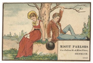 <em>"Tradecard. Misfit Parlors. Cor Fulton & Elm Streets. Brooklyn, NY. Recto."</em>. Printed material, 4.45 x 3 in (11.2 x 7.8 cm). Brooklyn Museum, CHART_2012. (HF5841_C59_v1_p42_tradecard01_recto.jpg