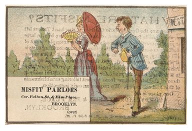 <em>"Tradecard. Misfit Parlors. Cor Fulton & Elm Streets. Brooklyn, NY. Recto."</em>. Printed material, 4.4 x 3.2 in (11.2 x 8 cm). Brooklyn Museum, CHART_2012. (HF5841_C59_v1_p42_tradecard04_recto.jpg