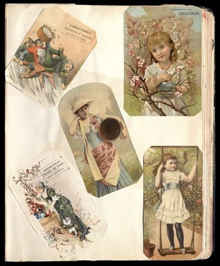 <em>"Full view of scrapbook page. Includes 5 tradecards for Brooklyn business: Coperthwait & Carpets."</em>. Printed material, 10 x 12.25 in (25.4 x 31.1 cm). Brooklyn Museum, CHART_2012. (HF5841_C59_v1_p43.jpg