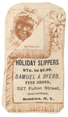 <em>"Tradecard. Samuel A. Byers. 527 Fulton Street. Brooklyn, NY. Recto."</em>. Printed material, 2.5 x 4.4 in (6.4 x 11.1 cm). Brooklyn Museum, CHART_2012. (HF5841_C59_v1_p44_tradecard02_recto.jpg