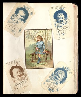 <em>"Full view of scrapbook page. Includes 5 tradecards from Brooklyn businesses: A. Legge, Mrs. H. Wursch, McKeon & Todd, H. A. Wilson."</em>. Printed material, 10 x 12.25 in (25.4 x 31.1 cm). Brooklyn Museum, CHART_2012. (HF5841_C59_v1_p45.jpg