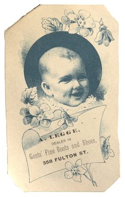 <em>"Tradecard. A. Legge. Gents' Fine Boots & Shoes. 358 Fulton Street. Brooklyn, NY. Recto."</em>. Printed material, 3 x 4.7 in (7.6 x 12 cm). Brooklyn Museum, CHART_2012. (HF5841_C59_v1_p45_tradecard01_recto.jpg