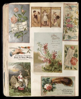 <em>"Full view of scrapbook page. Includes 3 tradecards of Brooklyn businesses: John Popp, Thomas Clark, George Metzler Fine Shoes."</em>. Printed material, 10 x 12.25 in (25.4 x 31.1 cm). Brooklyn Museum, CHART_2012. (HF5841_C59_v1_p46.jpg