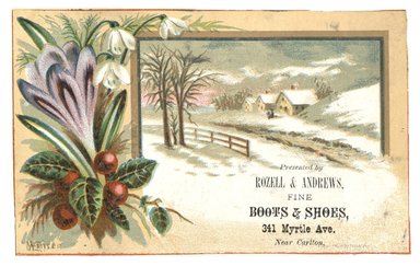 <em>"Tradecard. Rozell and Andrews, Fine Boots & Shoes. 341 Myrtle Avenue. Brooklyn, NY. Recto."</em>. Printed material, 4.5 x 3 in (11.4 x 7.7 cm). Brooklyn Museum, CHART_2012. (HF5841_C59_v1_p47_tradecard01_recto.jpg