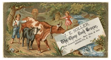 <em>"Tradecard. J. E. Soller. The Cheap Cash Grocery. 300 Grand Street. Brooklyn, NY. Recto."</em>. Printed material, 5 x 2.75 in (13 x 7 cm). Brooklyn Museum, CHART_2012. (HF5841_C59_v1_p53_tradecard01_recto.jpg