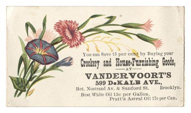 <em>"Tradecard. Vandervoorts. 599 DeKalb Avenue. Brooklyn, NY. Recto."</em>. Printed material, 3.5 x 2 in (8.9 x 5.15 cm). Brooklyn Museum, CHART_2012. (HF5841_C59_v1_p53_tradecard02_recto.jpg