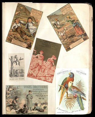 <em>"Full view of scrapbook page. Includes 4 tradecards of Brooklyn businesses: Nicoll the Tailor, H. Hildrebrand, J. Lichtenstein."</em>. Printed material, 10 x 12.25 in (25.4 x 31.1 cm). Brooklyn Museum, CHART_2012. (HF5841_C59_v1_p54.jpg