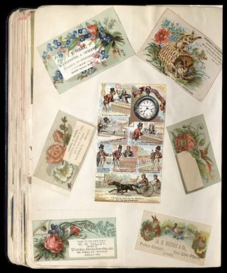 <em>"Full view of scrapbook page. Includes 4 tradecards of Brooklyn businesses: J. T. Perry, Samuel A. Byers, W.W. Tolley, J.E. Murray & Co."</em>. Printed material, 10 x 12.25 in (25.4 x 31.1 cm). Brooklyn Museum, CHART_2012. (HF5841_C59_v1_p55.jpg