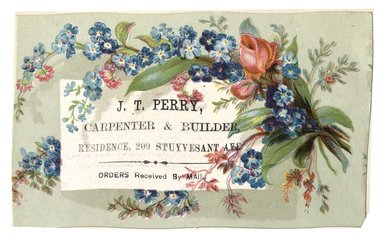 <em>"Tradecard. J. T. Perry. 209 Stuyvesant Avenue. Brooklyn, NY. Recto."</em>. Printed material, 4.3 x 2.75 in (11.1 x 6.9 cm). Brooklyn Museum, CHART_2012. (HF5841_C59_v1_p55_tradecard01_recto.jpg