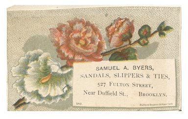 <em>"Tradecard. Samuel A. Byers. 527 Fulton Street. Brooklyn, NY. Recto."</em>. Printed material, 3.5 x 2.25 in (9 x 5.7 cm). Brooklyn Museum, CHART_2012. (HF5841_C59_v1_p55_tradecard02_recto.jpg