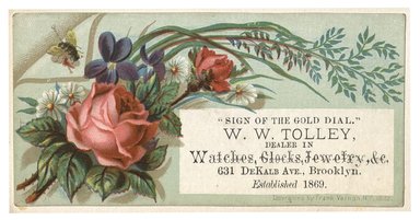 <em>"Tradecard. W. W. Tolley. 631 DeKelb Avenue. Brooklyn, NY. Recto."</em>, 1882. Printed material, 4.2 x 2.2 in (10.5 x 5.5 cm). Brooklyn Museum, CHART_2012. (Photo: Frank Vernon, HF5841_C59_v1_p55_tradecard03_recto.jpg