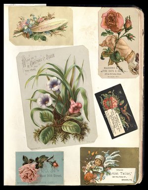 <em>"Full view of scrapbook page. Includes 3 tradecards of Brooklyn businesses: Harding & Co, J. E. Murray & Co., The Artist Tailor."</em>. Printed material, 10 x 12.25 in (25.4 x 31.1 cm). Brooklyn Museum, CHART_2012. (HF5841_C59_v1_p56.jpg