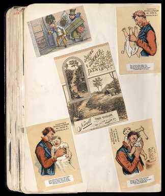 <em>"Full view of scrapbook page. Includes 5 tradecards of Brooklyn business: Nicoll the Tailor."</em>. Printed material, 10 x 12.25 in (25.4 x 31.1 cm). Brooklyn Museum, CHART_2012. (HF5841_C59_v1_p57.jpg