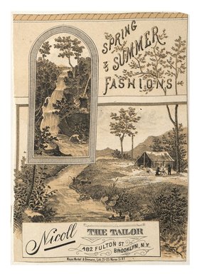 <em>"Tradecard. Nicoll the Tailor. 482 Fulton Street. Brooklyn, NY. Recto."</em>. Printed material, 4.25 x 5.75 in (10.7 x 14.5 cm). Brooklyn Museum, CHART_2012. (Photo: Mayer, Merkel & Ottmann, Lith. 21-25 Warrant St. N.Y., HF5841_C59_v1_p57_tradecard03_recto.jpg