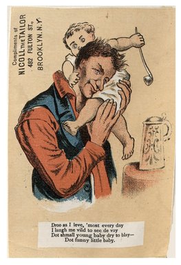 <em>"Tradecard. Nicoll the Tailor. 482 Fulton Street. Brooklyn, NY. Recto."</em>. Printed material, 3 x 4.5 in (7.7 x 11.5 cm). Brooklyn Museum, CHART_2012. (HF5841_C59_v1_p57_tradecard05_recto.jpg