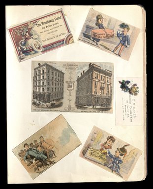 <em>"Full view of scrapbook page. Includes 5 tradecards of Brooklyn businesses: The Broadway Tailor, Nicoll the Tailor, Max Stadler & Co., E. D. Baker."</em>. Printed material, 10 x 12.25 in (25.4 x 31.1 cm). Brooklyn Museum, CHART_2012. (HF5841_C59_v1_p58.jpg
