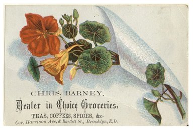 <em>"Tradecard. Chris Barney. Cor. Harrison Avenue & Bartlett Street. Brooklyn, NY. Recto."</em>. Printed material, 4.25 x 3 in (11 x 7.4 cm). Brooklyn Museum, CHART_2012. (HF5841_C59_v1_p59_tradecard02_recto.jpg