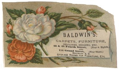 <em>"Tradecard. Baldwin's. 114 Grand Street. Brooklyn, NY. Recto."</em>. Printed material, 4.4 x 2.6 in (11.2 x 6.6 cm). Brooklyn Museum, CHART_2012. (HF5841_C59_v1_p61_tradecard01_recto.jpg