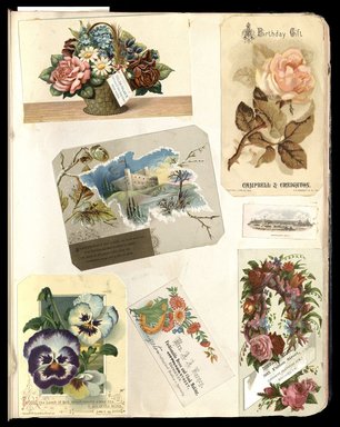 <em>"Full view of scrapbook page. Includes 2 tradecards of Brooklyn businesses: Mrs. A. A. Barney, Donnan & Mills."</em>. Printed material, 10 x 12.25 in (25.4 x 31.1 cm). Brooklyn Museum, CHART_2012. (HF5841_C59_v1_p62.jpg