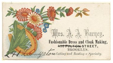 <em>"Tradecard. Mrs. A. A. Barney. 456 Fulton Street. Brooklyn, NY. Recto."</em>. Printed material, 3.5 x 2 in (8.9 x 5.15 cm). Brooklyn Museum, CHART_2012. (HF5841_C59_v1_p62_tradecard01_recto.jpg