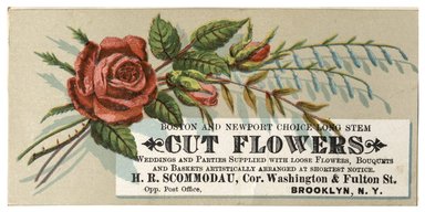 <em>"Tradecard. H. R. Scommodau Florist. Cor. Washington & Fulton Streets. Brooklyn, NY. Recto."</em>. Printed material, 5.25 x 2.6125 in (13.3 x 7 cm). Brooklyn Museum, CHART_2012. (HF5841_C59_v1_p64_tradecard01_recto.jpg