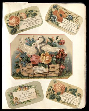 <em>"Full view of scrapbook page. Includes 1 tradecard of Brooklyn business A. Jahn, Florist."</em>. Printed material, 10 x 12.25 in (25.4 x 31.1 cm). Brooklyn Museum, CHART_2012. (HF5841_C59_v1_p68.jpg