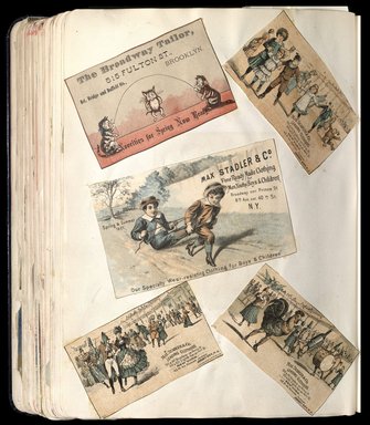 <em>"Full view of scrapbook page. Includes 1 tradecard of Brooklyn business The Broadway Tailor."</em>. Printed material, 10 x 12.25 in (25.4 x 31.1 cm). Brooklyn Museum, CHART_2012. (HF5841_C59_v1_p73.jpg