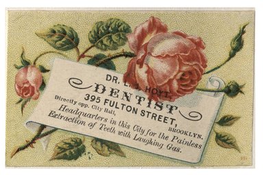 <em>"Tradecard. Dr. L. J. Hoyt, Dentist. 395 Fulton Street. Brooklyn, NY. Recto."</em>. Printed material, 3.25 x 2.2 in (8.4 x 5.5 cm). Brooklyn Museum, CHART_2012. (HF5841_C59_v1_p75_tradecard01_recto.jpg