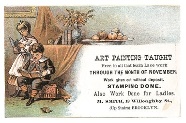 <em>"Tradecard. M. Smith. 13 Willoughby Street. Brooklyn, NY. Recto."</em>. Printed material, 4 x 2.6 in (10.2 x 6.6 cm). Brooklyn Museum, CHART_2012. (HF5841_C59_v1_p79_tradecard02_recto.jpg