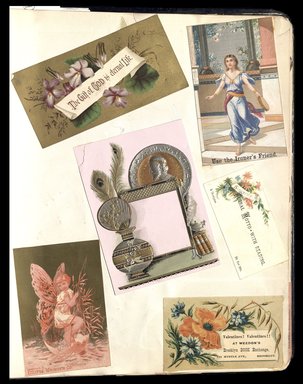 <em>"Full view of scrapbook page. Includes 1 tradecard of Brooklyn business: Weedon's Book Exchange."</em>. Printed material, 10 x 12.25 in (25.4 x 31.1 cm). Brooklyn Museum, CHART_2012. (HF5841_C59_v1_p83.jpg