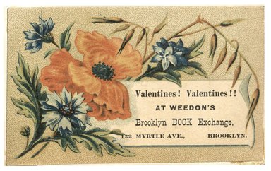 <em>"Tradecard. Weedon's Book Exchange. 122 Myrtle Ave. Brooklyn, NY. Recto."</em>. Printed material, 4.25 x 2.75 in (10.8 x 7 cm). Brooklyn Museum, CHART_2012. (HF5841_C59_v1_p83_tradecard01_recto.jpg