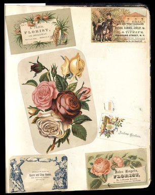 <em>"Full view of scrapbook page. Includes 3 Brooklyn businesses: A. Jahn, Browne's Oyster House, John Rogers."</em>. Printed material. Brooklyn Museum, CHART_2012. (HF5841_C59_v1_p87.jpg