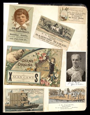 <em>"Full view of scrapbook page. Includes 5 tradecards of Brooklyn businesses: Chas Putz, Crowell's, T.D. Millspaugh, James H. Benjamin, J. H. Flower."</em>. Printed material, 10 x 12.25 in (25.4 x 31.1 cm). Brooklyn Museum, CHART_2012. (HF5841_C59_v1_p90.jpg