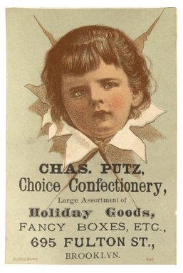 <em>"Tradecard. Chas. Putz. 695 Fulton Street. Brooklyn, NY. Recto."</em>. Printed material, 3 x 4.5 in (7.7 x 11.5 cm). Brooklyn Museum, CHART_2012. (HF5841_C59_v1_p90_tradecard01_recto.jpg