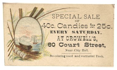 <em>"Tradecard. Crowell's. 60 Court Street. Brooklyn, NY. Recto."</em>. Printed material, 3.5 x 2 in (8.9 x 5.15 cm). Brooklyn Museum, CHART_2012. (HF5841_C59_v1_p90_tradecard02_recto.jpg