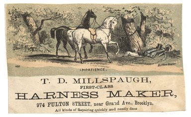 <em>"Tradecard. T.D. Millspaugh. 974 Fulton Street. Brooklyn, NY. Recto."</em>. Printed material, 4.6 x 2.8 in (11.7 x 7.2 cm). Brooklyn Museum, CHART_2012. (HF5841_C59_v1_p90_tradecard03_recto.jpg