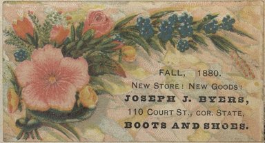<em>"Tradecard. Joeseph J. Byers. 110 Court Street. Brooklyn."</em>, 1880. Printed material, 2 x 3in. (4.5 x 8cm). Brooklyn Museum, CHART_2012. (HF5841_C59_v2_p03b_tradecard_Byers.jpg