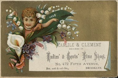 <em>"Tradecard. Carlile and Clement. 472 Fifth Avenue. Brooklyn."</em>. Printed material, 4 x 3in (12 x 7.75cm). Brooklyn Museum, CHART_2012. (Photo: Thomas W. Price Co., HF5841_C59_v2_p04i_tradecard_Carlile_and_Clement.jpg