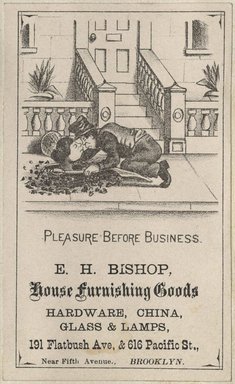 <em>"Tradecard. E.H. Bishop. 191 Flatbush Avenue and 616 Pacific Street. Brooklyn."</em>. Printed material, 4.25 x 3in (11 x 7cm). Brooklyn Museum, CHART_2012. (HF5841_C59_v2_p15e_tradecard_Bishop.jpg