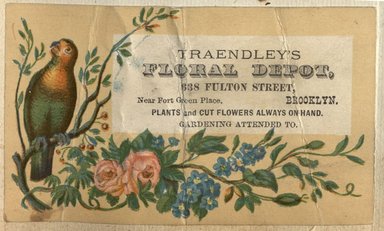 <em>"Tradecard. Traendley's Floral Depot. 638 Fulton Street. Brooklyn."</em>. Printed material, 2 x 3in. (4.5 x 8cm). Brooklyn Museum, CHART_2012. (HF5841_C59_v2_p16i_tradecard_Traendleys.jpg